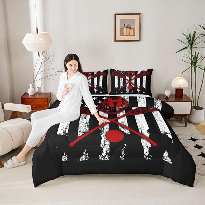 Erosebridal Lacrosse Comforter Set for Teens Youth, Black White American Flag Bedding Set Queen Size,Boys Sports Duvet Insert and 2 Pillowcases