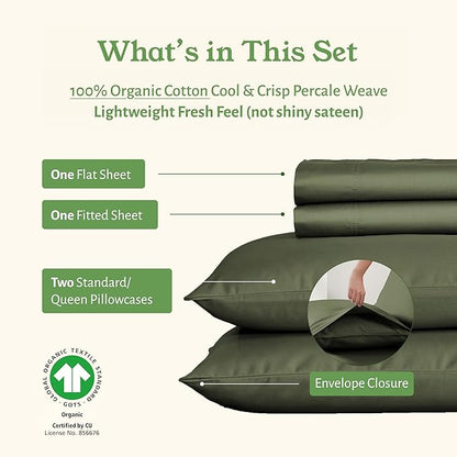 California Design Den Queen Sheets Set - Soft 100% Organic Sheets with Deep Pockets, Crisp Percale, Breathable and Durable Bedding Set - Olive Green