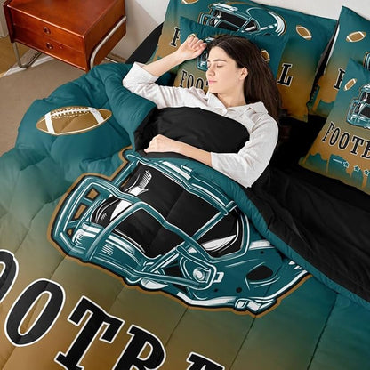 Erosebridal American Soccer Comforter Set with Sheets Football City Green Brown Queen 7 Piece Bedding Set for Kids Boys Teen,Rugby Sports Games Bed in A Bag City Silhouette Bed Set