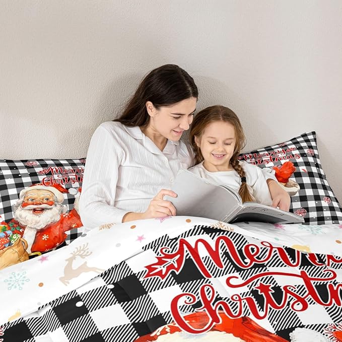 Merry Christmas Comforter Set King Size,Black White Plaid Bedding Set 3Pcs for Kids Boys Teens Girls Room Decor,Cartoon Santa Claus Quilt Set Cute Winter Snowflake Duvet Insert,2 Pillowcases