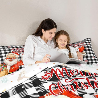 Merry Christmas Comforter Set Twin Size,Black White Plaid Bedding Set 2Pcs for Kids Boys Teens Girls Room Decor,Cartoon Santa Claus Quilt Set Cute Winter Snowflake Duvet Insert,1 Pillowcase