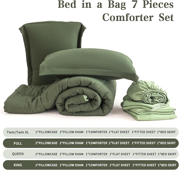 King Size Comforter Set - 8 Piece Dark Green All-Season Bedding with Breathable Reversible Down Lightweight Comforter, Bed Skirt, Flat Sheets, Pillowcases & Pillow Shams