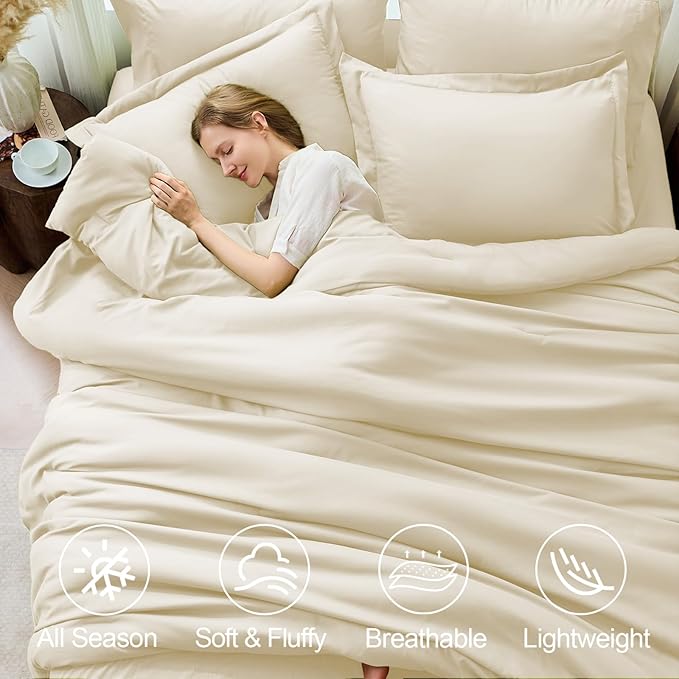 FUANNA King Size Comforter Sets Cream White, 7 Pieces Soft Bedding Set, All Season Lightweight Bed in a Bag with Comforter, Flat Sheet, Fitted Sheet, Pillowcases & Shams
