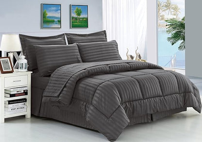Elegance Linen Wrinkle Resistant - Luxury Silky Soft Dobby Stripe Bed-in-a-Bag 8-Piece Comforter Set, Full/Queen, Gray