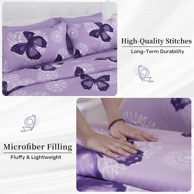 ARTALL Bed in A Bag Twin Size 6 Pieces, Purple Butterfly All Season Bedding Comforter Bed Set with Pillow Sham, Flat Sheet, Fitted Sheet, Bed Skirt, Pillowcase