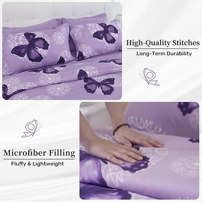 ARTALL Bed in A Bag Twin Size 6 Pieces, Purple Butterfly All Season Bedding Comforter Bed Set with Pillow Sham, Flat Sheet, Fitted Sheet, Bed Skirt, Pillowcase