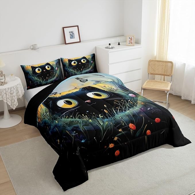 Manfei Kawaii Cat Full Bedding Set,Cartoon Black Cat Comforter Set Reversible Bed Set for Bedroom Decor,Watercolor Flowers Leaves 3 Pieces Quilt Set,Natural Animal Plants Duvet Insert,2 Pillow Cases