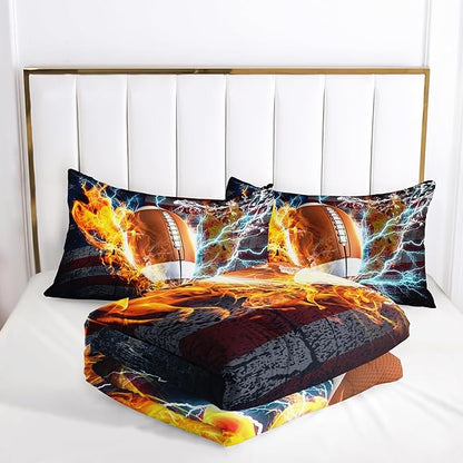 Football Comforter Sets Full Size, Bedding Sets for Kids,US Flag and Fire Football Comforter Sets All Season 1 Comforter and 2 Pillowcases