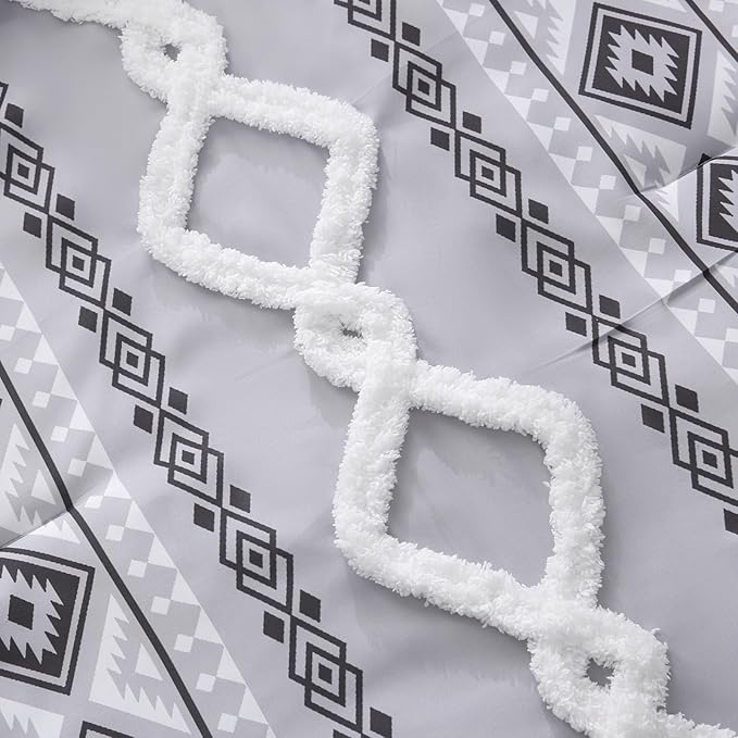 MOVE OVER Boho Tufted Comforter Set King Size 5 Pieces Farmhouse Bedding Set 100% Soft Microfiber Boho Aztec Bedroom Comforter Set Modern Style Ethnic Gray Tufted Bed Set for All Seasons