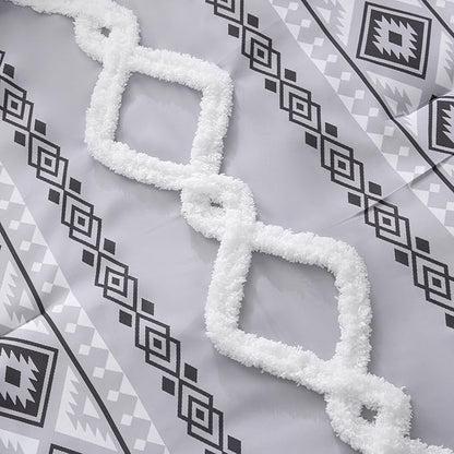 MOVE OVER Boho Tufted Comforter Set King Size 5 Pieces Farmhouse Bedding Set 100% Soft Microfiber Boho Aztec Bedroom Comforter Set Modern Style Ethnic Gray Tufted Bed Set for All Seasons