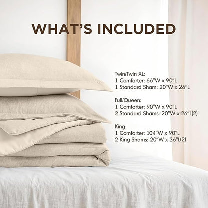 King Size Comforter Set, Lightweight Neutral Soft Bedding for All Seasons, 3 Pieces Chambray Print Solid Farmhouse Bed Set, Comforter & Sham