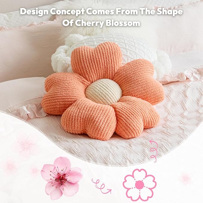 Sioloc Flower Shaped Throw Pillow, Fun Daisy Pillow, 25.6" Light Orange Cute Decorative Seat Cushion Aesthetic Flower Plush Pillows for Bed Floor Couch Chair