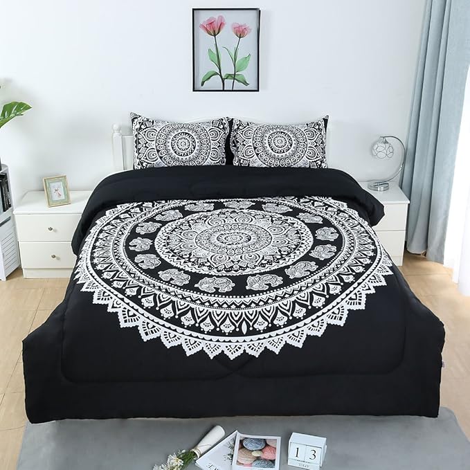 uxcell 3-Piece Bohemian Black Comforter Sets - 3D Printed Bohemia Themed - All-Season Down Quilted Duvet - Reversible Design - Includes 1 Comforter, 2 Pillow Cases Full
