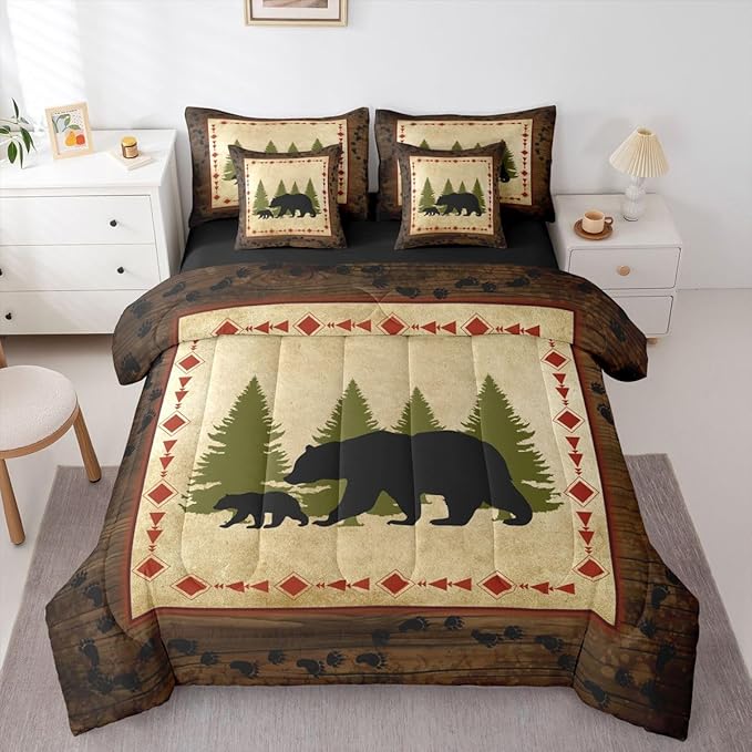 Erosebridal Bear 7 Piece Comforter Set Twin Bed in A Bag Rustic Farmhouse Wildlife Comforter Wild Animals Bedding Set Country Cabin Lodge Decor Nature Woodland Bear Paw Print Sheet Set Brown Green