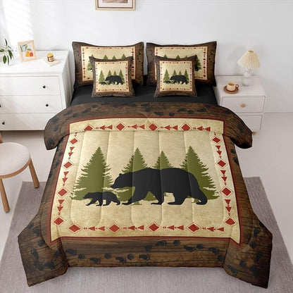 Erosebridal Bear 7 Piece Comforter Set Twin Bed in A Bag Rustic Farmhouse Wildlife Comforter Wild Animals Bedding Set Country Cabin Lodge Decor Nature Woodland Bear Paw Print Sheet Set Brown Green