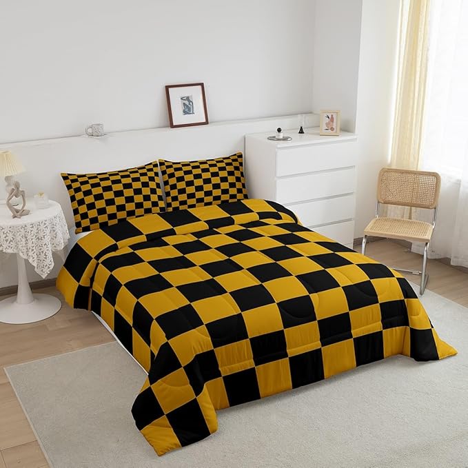 Feelyou Checkered Bedding Set Teen Women Men Yellow Black Plaid Comforter Set Toddler Size Kids Boys Girls Cute Retro Neutral Checkerboard Geometric Duvet Insert Vintage Aesthetic Room Decor
