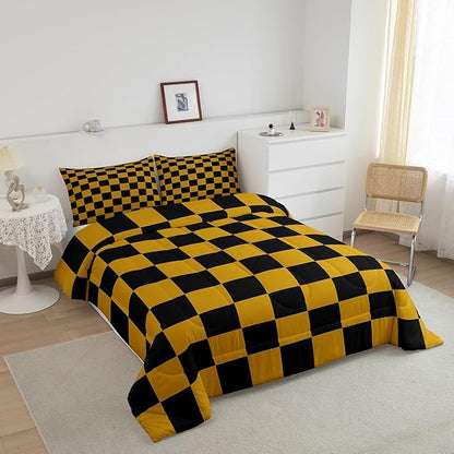 Feelyou Checkered Bedding Set Teen Women Men Yellow Black Plaid Comforter Set Queen Size Kids Boys Girls Cute Retro Neutral Checkerboard Geometric Duvet Insert Vintage Aesthetic Room Decor