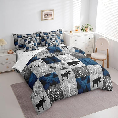 Erosebridal 7 Pcs Hunting Animal Comforter Set Queen Size,Rustic Bear Deer Bed in a Bag with Flat Fitted Sheet for Kids and Adults,Camper Plaid Check Bedding Set with Pillowcases and Cushion Cases