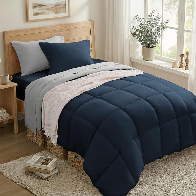Anluoer Twin Size Bed in a Bag 5 Pieces, Navy and Grey Bed Comforter Set with Sheets, All Season Bedding Sets with 1 Comforter, 1 Pillow Sham, 1 Pillowcase, 1 Flat Sheet, 1 Fitted Sheet