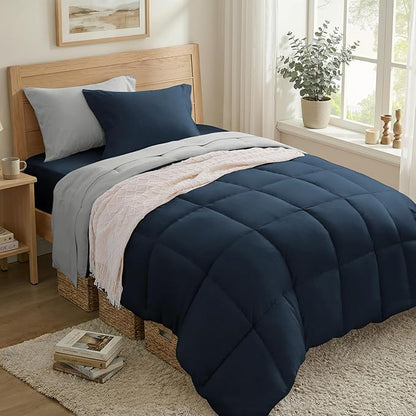 Anluoer Twin Size Bed in a Bag 5 Pieces, Navy and Grey Bed Comforter Set with Sheets, All Season Bedding Sets with 1 Comforter, 1 Pillow Sham, 1 Pillowcase, 1 Flat Sheet, 1 Fitted Sheet