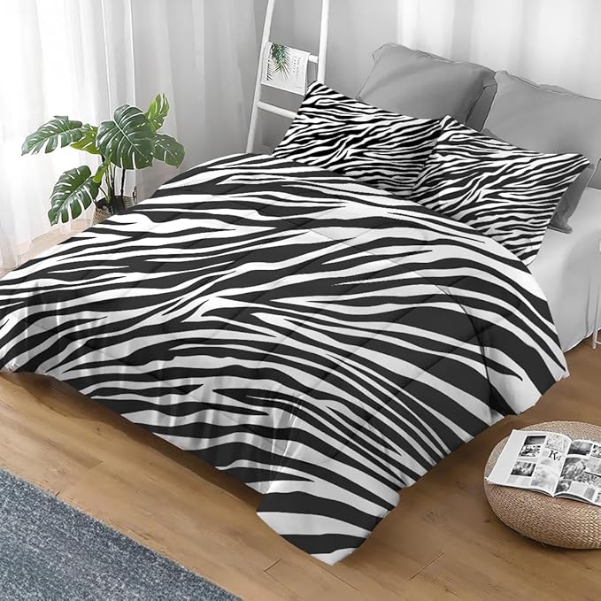 Comforter Set Queen Size, Zebra Stripe Retro Soft Bedding for Kids and Adults, Black White Animal Comforter Set with Pillowcase, for Bedroom Bed Decor
