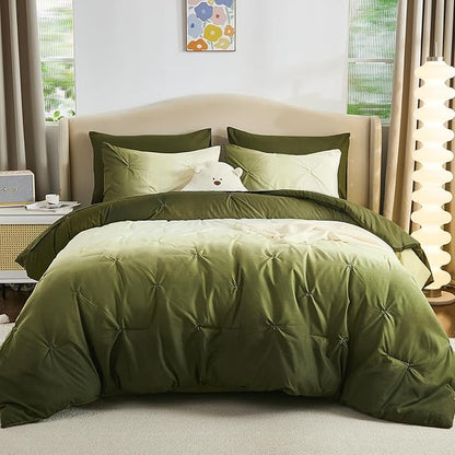 Dinjoy Ombre Comforter Set Twin Size, 5-Piece Bed in a Bag for Kid Teen, Pintuck Colorful Rainbow Bedding Sets with Comforter, Flat Sheet, Fitted Sheet and Pillowcases & Shams, Green