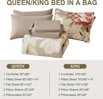 Dobuyly Queen Comforter Set 7 Piece Bed in a Bag, Pink Floral Printed on Khaki Comforter Set with Sheets, Soft Microfiber Botanical Farmhouse Bedding Set for All Season
