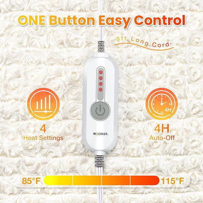 WOOMER Heated Blanket Throw 50" x 60", Electric Blanket Throw with 4 Heating Levels & 4H Auto Off, ETL Certified, White Roses Patterns Faux Fur & Sherpa, Machine Washable