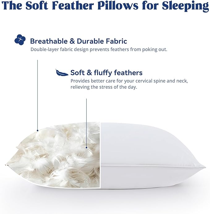puredown® Goose Feather Down Pillows Standard Size Set of 2, Soft Fluffy Luxury Hotel Collection Bed Pillow for Back, Stomach or Side Sleeper.
