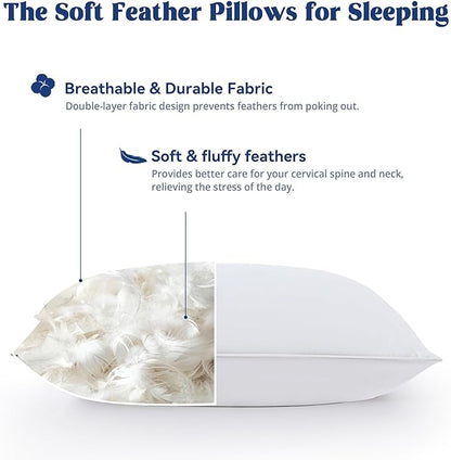 puredown® Goose Feather Down Pillows Queen Size Set of 2, Soft Fluffy Luxury Hotel Collection Bed Pillow for Back, Stomach or Side Sleeper.