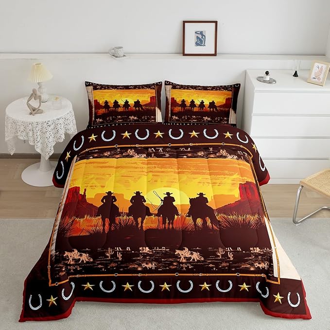 Feelyou Orange Western Decor Comforter Queen Size Wild Western Cowboy Comforter Set for Boys Girls Children Horse Setting Sun Bedding Set Room Decor Horseshoes West Texas Star Duvet Set 3Pcs