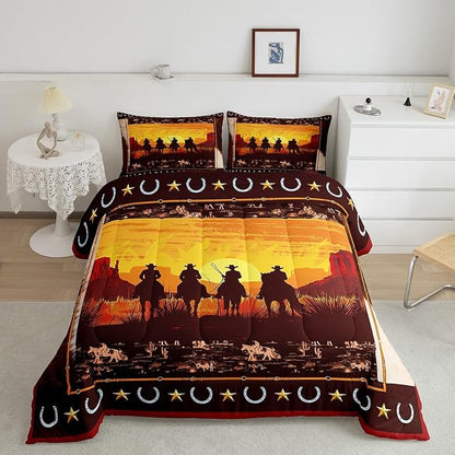 Feelyou Orange Western Decor Comforter Full Size Wild Western Cowboy Comforter Set for Boys Girls Children Horse Setting Sun Bedding Set Room Decor Horseshoes West Texas Star Duvet Set 3Pcs