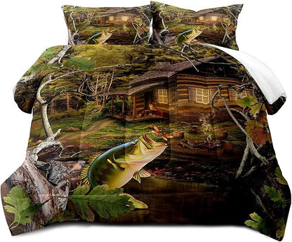 LUVIVIHOME 2PCS Fishing Comforter Set Twin Size, Hunting Camo Bedding, Forest Woodland Bass Fish Lake House Bedding, Rustic Cabin Country Farmhouse Bedroom Decor, Soft Microfiber Quilt, 1 Pillow Sham