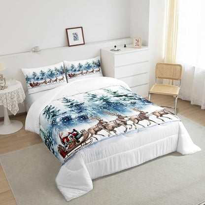 Santa Claus Comforter Set Queen Size,Elk Sledge Bedding Set 3Pcs for Kids Boys Girls Teens Room Decor,Pine Tree Jungle Quilt Set Winter Snowflake Blue White Duvet Insert,2 Pillowcases