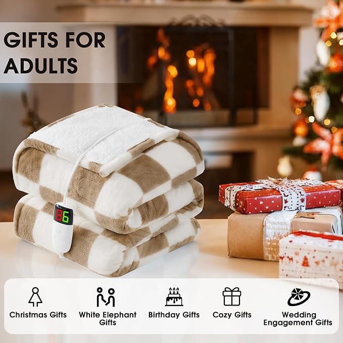 Light Brown Heated Blanket Electric Twin Size, 62X84 Heating Blanket with 10 Heat Level & 8 Hours Auto Off, Checkered Plaid Soft Fleece Sherpa Blankets Warmer Gifts for Couch Grandma Women Adults