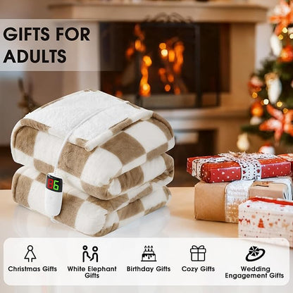 Light Brown Heated Blanket Electric Twin Size, 62X84 Heating Blanket with 10 Heat Level & 8 Hours Auto Off, Checkered Plaid Soft Fleece Sherpa Blankets Warmer Gifts for Couch Grandma Women Adults