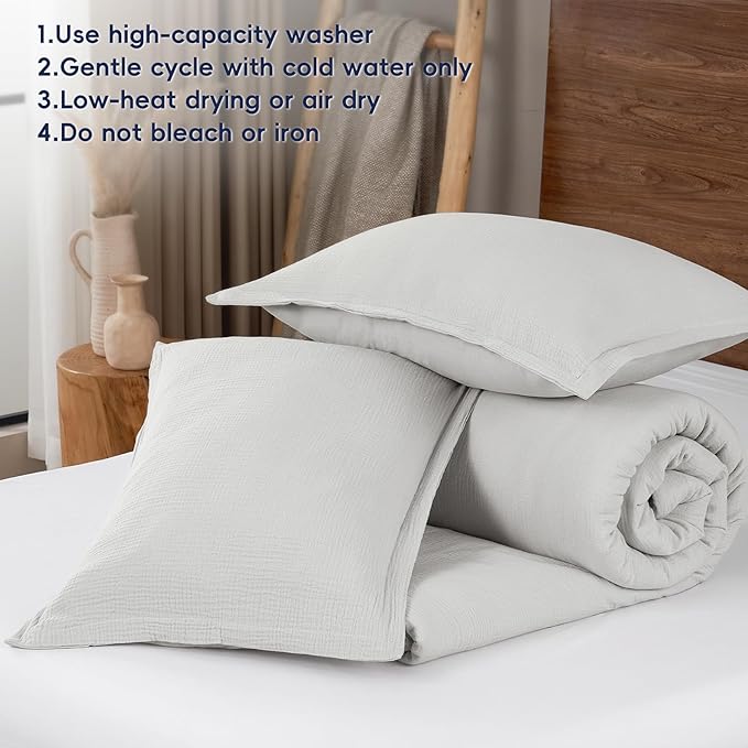 PHF Cotton Muslin Comforter Set King Size, Ultra Soft, Breathable & Lightweight All-Season Bedding, Filling: 100% Polyester, 3 Pieces with 1 Comforter 104"x90" and 2 Pillow Shams 20"x36", Light Grey