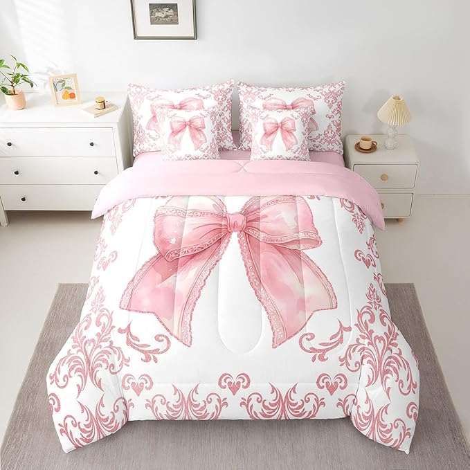 jejeloiu Girls Pretty Ribbon Pink Bow 7 Piece Bedding Set King Size Pink Damask Comforter Set with Sheets for Kids Women Cute Bow Bed in a Bag Princess Bed Set