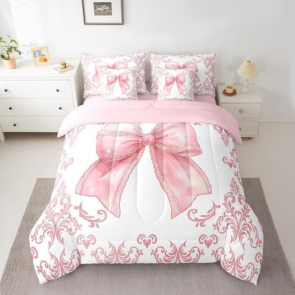 jejeloiu Girls Pretty Ribbon Pink Bow 7 Piece Bedding Set King Size Pink Damask Comforter Set with Sheets for Kids Women Cute Bow Bed in a Bag Princess Bed Set