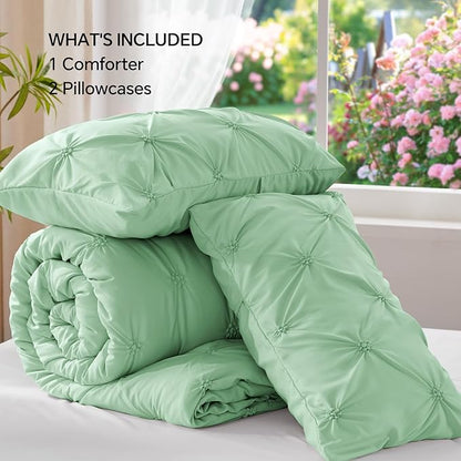 BEDELITE Sage Green Queen Comforter Set - 3 Pieces Boho Pintuck Bedding Comforter Sets, Lightweight Soft & Warm Bed Comforter Queen with 2 Pillowcases for All Season