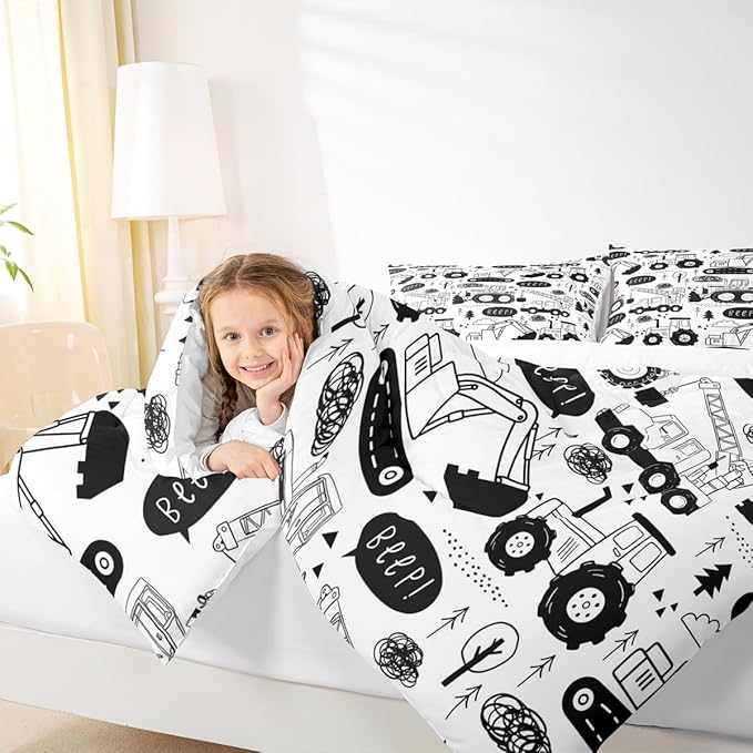Cartoon Cars Kids Comforter Set King Size,Tractor Truck Excavator Toddler Bedding Set,Girls Boys Adults Room Decor,Construction Vehicles Down Comforter,Black White Chic Duvet Insert,2 Pillowcases