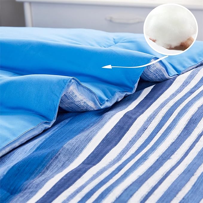KAKIJUMN 7 Piece Bed in a Bag Stripe Comforter Set Full Size, White and Blue Patchwork Striped Comforter and Sheet Set, All Season Soft Microfiber Complete Bedding Sets(Blue,Full)