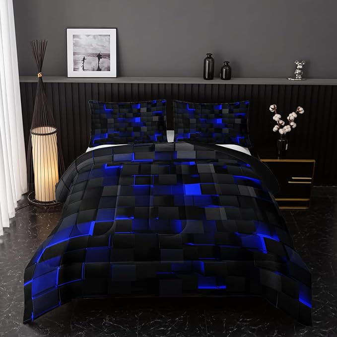 Neon Blue Black Comforter Set King Geometric Kids Bedding Set,3 PCS Geometry Honeycomb Bed Set Modern Quilt Set 1 Comforter 2 Pillow Cases Cool Room Decor All Season B-Side Black