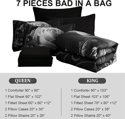 Xruibed Floral Comforter King Black Bed in a Bag Rose 7PCs Comforter Set Soft Micorfiber Bedding Set (1 Comforter,2 Pillow Shams,1 Flat Sheet,1 Fitted Sheet,2 Pillowcases)