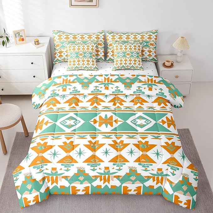 Erosebridal Western Bed in a Bag King Size Comforter Set 7 Pieces,Geometric Triangle Bedding Sets Vintage Indian Tribe Geometric Sheet Set with Comforter