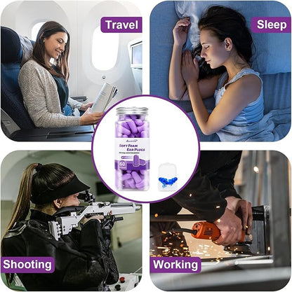 60 Pairs Soft Foam Ear Plugs, 38dB SNR Slow Rebound Ear Plugs for Sleeping Noise Cancelling, Noise Reduction, Work, Swimming, Shooting, Studying, Purple
