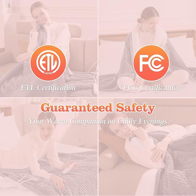 Heated Blanket Electric Throw 50"x60" Heating Blanket 450gsm Ribbed Flannel Sherpa Ultra-Soft with 5 Heating Levels and 4 Hour Auto Off, ETL & FCC Certified Electric Blanket, Great Winter Gift, Grey
