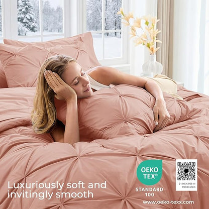Sasttie King Size Comforter Set, 7-Piece Bed in a Bag, Pintuck Bedding Set for All Season, Includes Comforter, Flat Sheet, Fitted Sheet, Pillowcases and Pillowshams, Blush