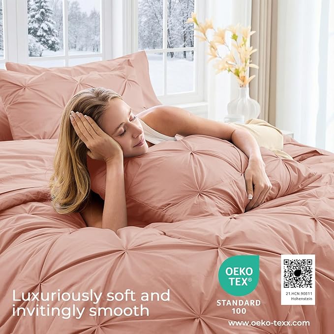 Sasttie California King Comforter Set, 7-Piece Bed in a Bag Cal King, Pintuck Bedding Set for All Season, Includes Comforter, Flat Sheet, Fitted Sheet, Pillowcases and Pillowshams, Blush