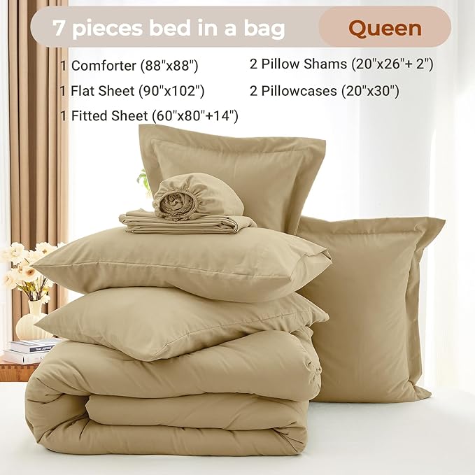MUXHOMO 7 Pieces Queen Comforter Set, Soft Bed in a Bag Queen Size, All Season Bedding Set with Comforter, Flat Sheet, Fitted Sheet, Pillowcases & Shams, Khaki